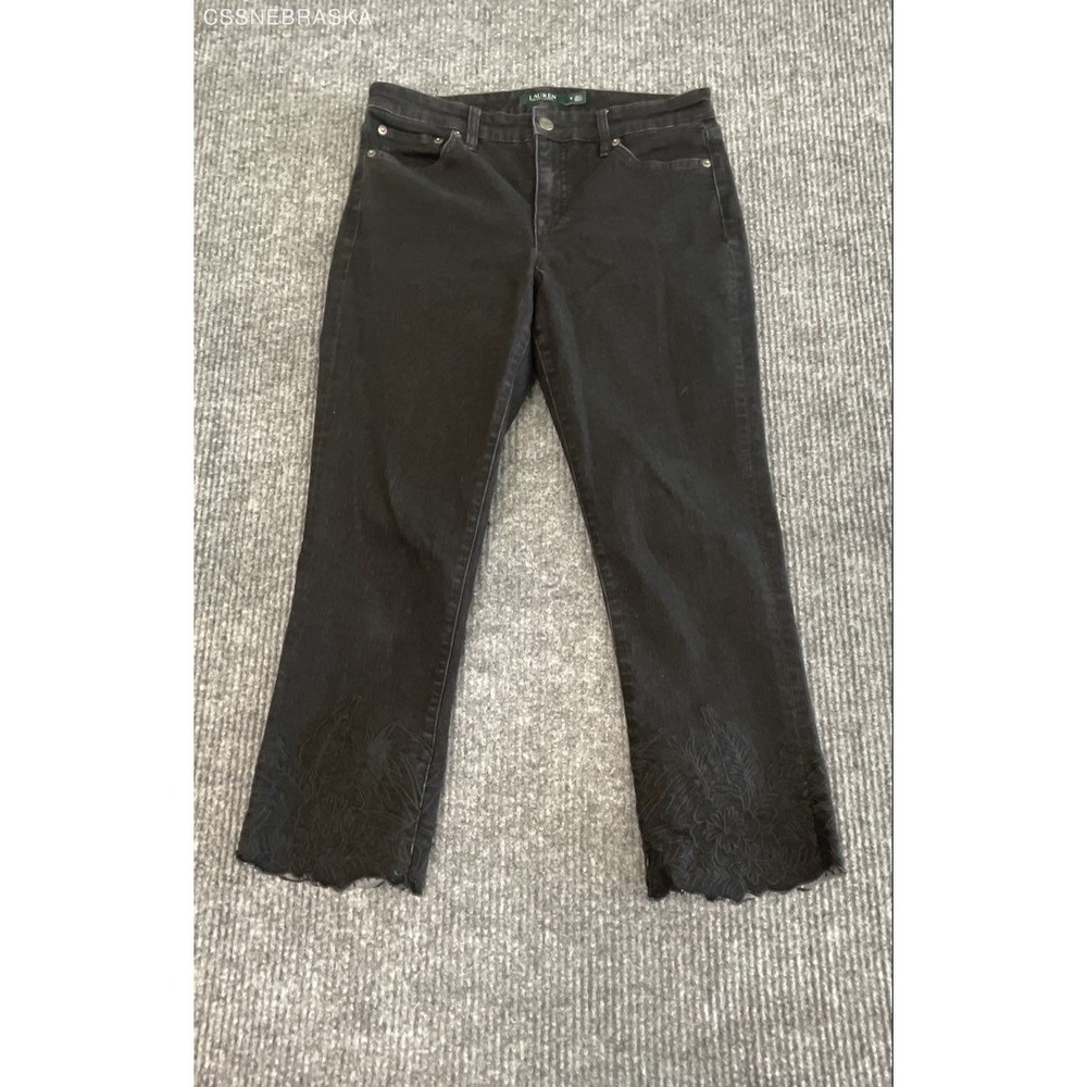 Lauren Ralph Lauren Women's Black Floral Embroidered Scalloped Hem Jeans Sz 8